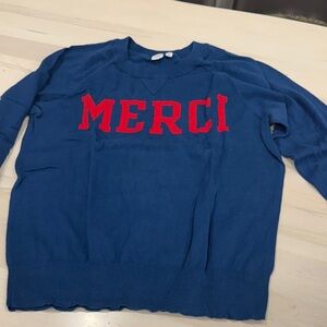 GAP Blue Crewneck Sweater with Red 'Merci'